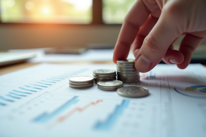 pile-de-monnaies-sur-rapport-financier Main empilant des pièces d'argent sur un rapport financier