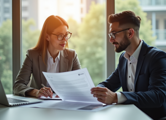 Younited crédit : identifier la banque partenaire pour votre prêt Homme et femme d'affaires examinant des documents de prêt dans un bureau lumineux