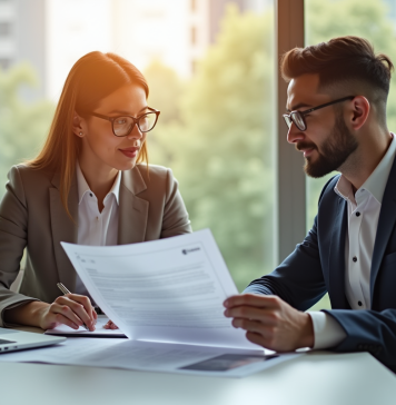 Homme et femme d'affaires examinant des documents de prêt dans un bureau lumineux