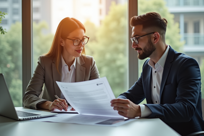 Homme et femme d'affaires examinant des documents de prêt dans un bureau lumineux