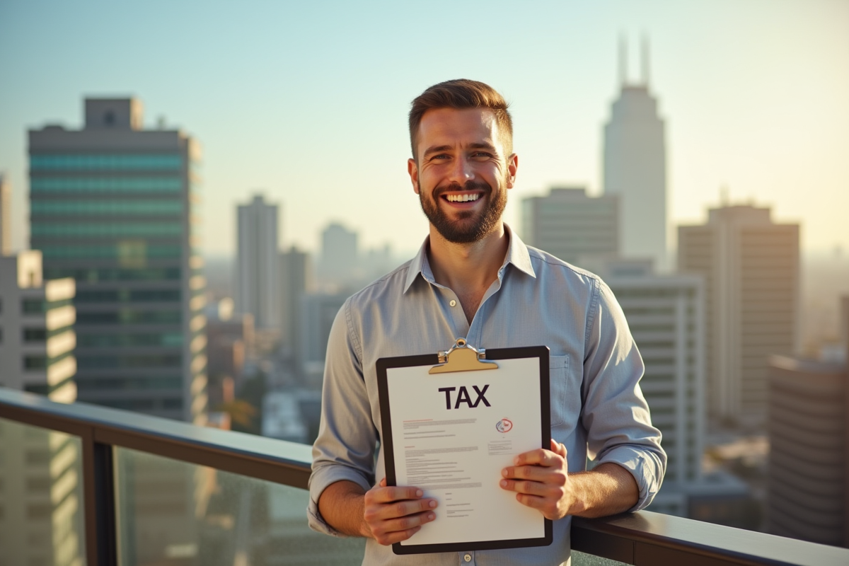 Proprietaire souriant sur balcon ensoleille avec documents financiers