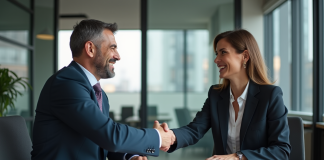 Homme et femme d affaires se serrant la main dans une banque