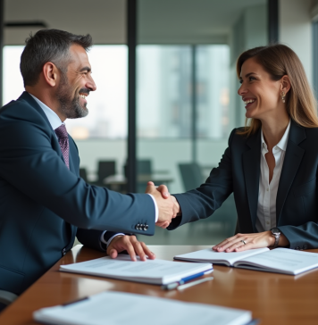 Rachat Crédit Mutuel: Découvrez le Nouveau Propriétaire! Homme et femme d affaires se serrant la main dans une banque