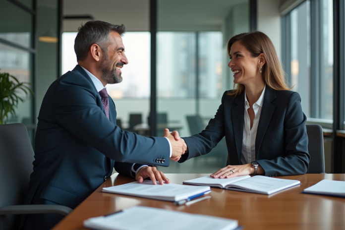 reunion-affaires-banque Homme et femme d affaires se serrant la main dans une banque