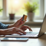 Personne utilisant un ordinateur avec une carte bancaire dans un bureau moderne