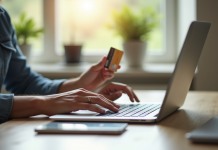 Personne utilisant un ordinateur avec une carte bancaire dans un bureau moderne