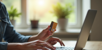 Personne utilisant un ordinateur avec une carte bancaire dans un bureau moderne