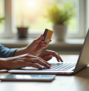 Sécurité bancaire : Protégez vos coordonnées sensibles ! Que ne pas partager Personne utilisant un ordinateur avec une carte bancaire dans un bureau moderne