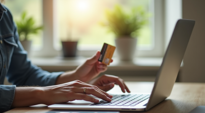 Personne utilisant un ordinateur avec une carte bancaire dans un bureau moderne
