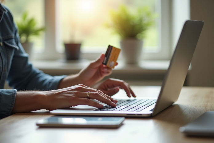 utilisateur-ordinateur-carte-credit Personne utilisant un ordinateur avec une carte bancaire dans un bureau moderne